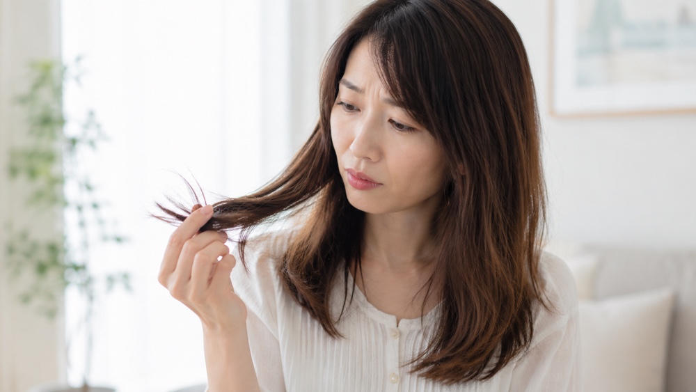毛先のダメージを確認する女性