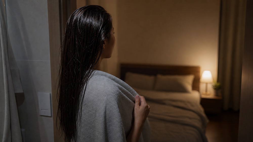 濡れた髪のまま寝ようとする女性