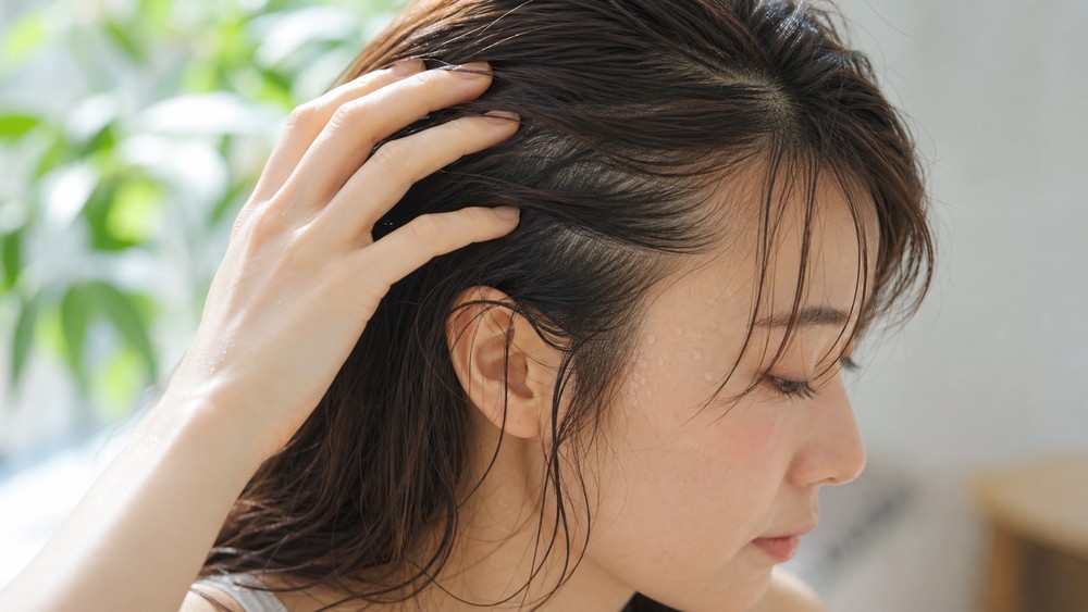汗をかいた髪の生え際を触る女性