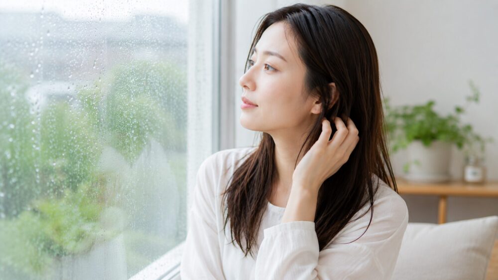 雨の日の窓辺で髪をさわる日本人女性