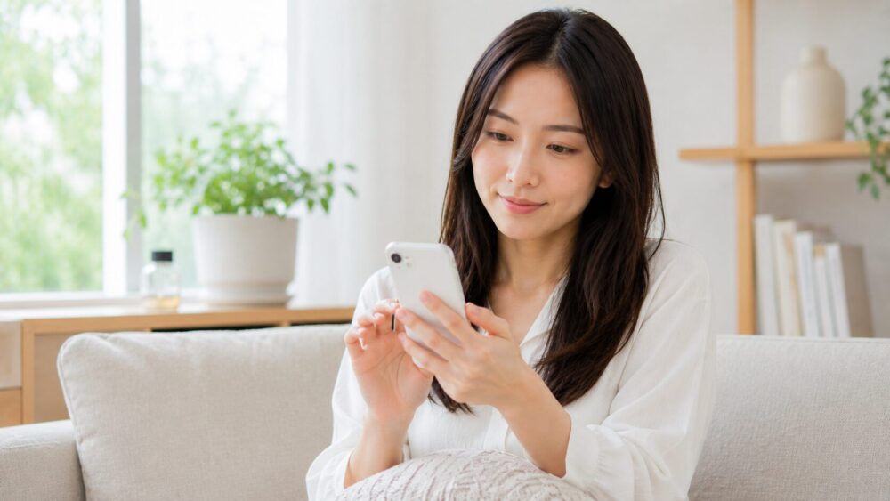 スマホで調べものをする日本人女性