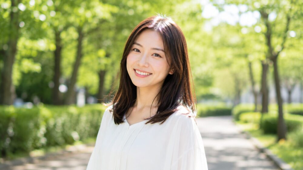 まとまった髪で笑顔の日本人女性