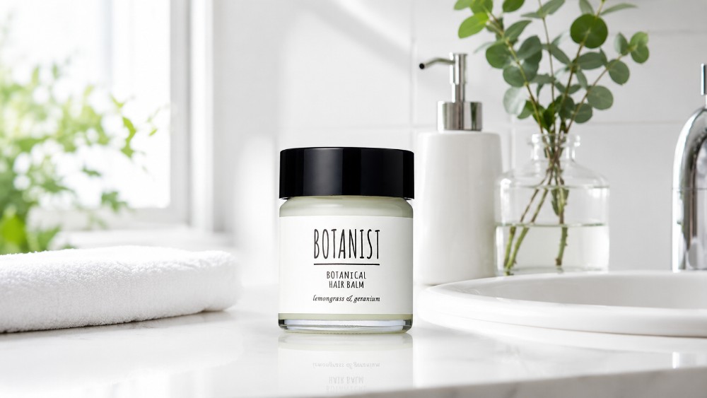 洗面台に置いたBOTANIST ボタニカルヘアバームの商品写真