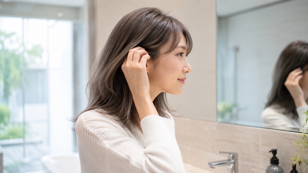 鏡の前で自分の髪色を確認している女性