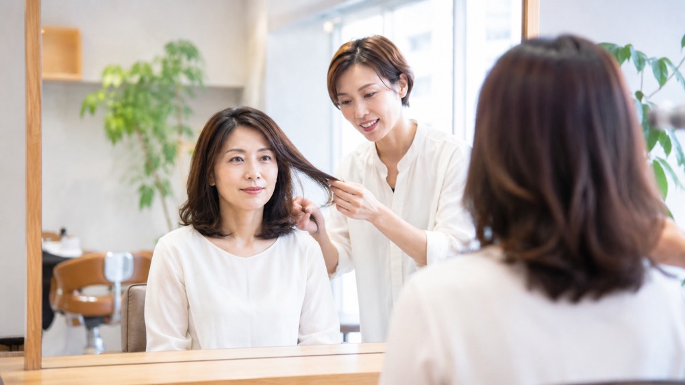 サロンで髪質改善のカウンセリングを受ける女性