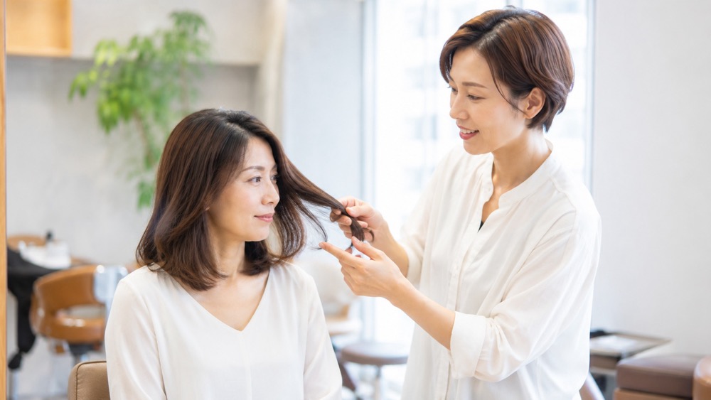 毛先のダメージ具合を確認する女性