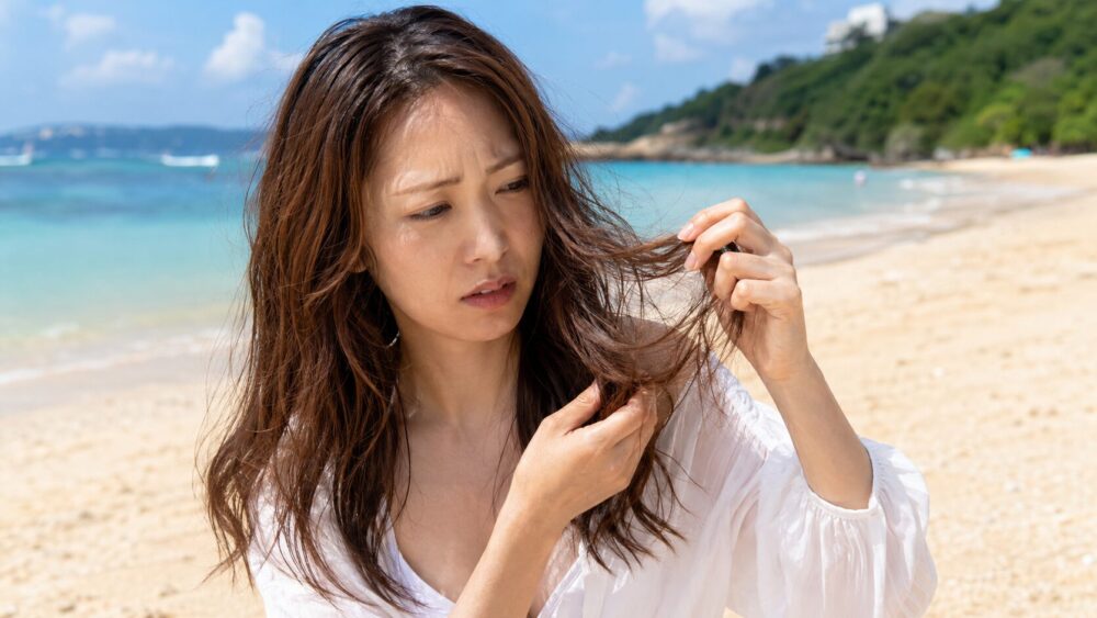 夏のビーチで海水と紫外線にさらされて髪がパサついている日本人女性