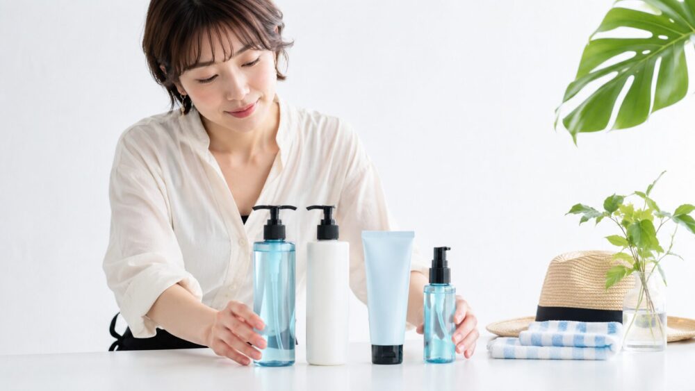 日本人女性美容師が夏のヘアケアアイテムをテーブルに並べている