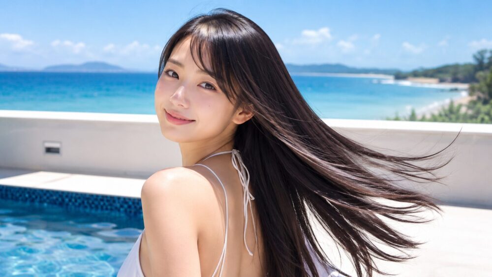 海辺でサラサラ髪をなびかせる日本人女性