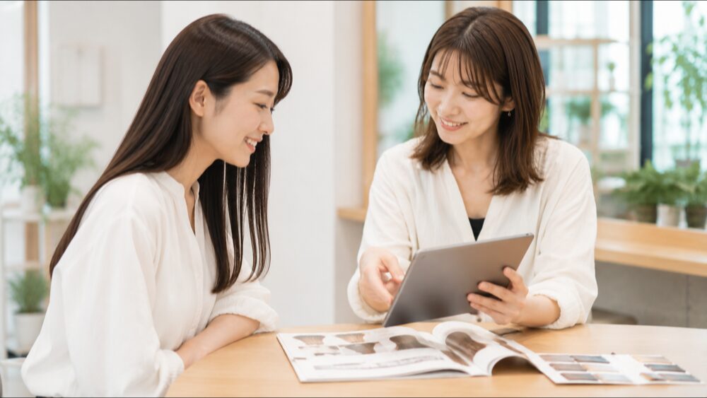 美容室でタブレットや資料を見ながら丁寧にカウンセリングする美容師と女性客