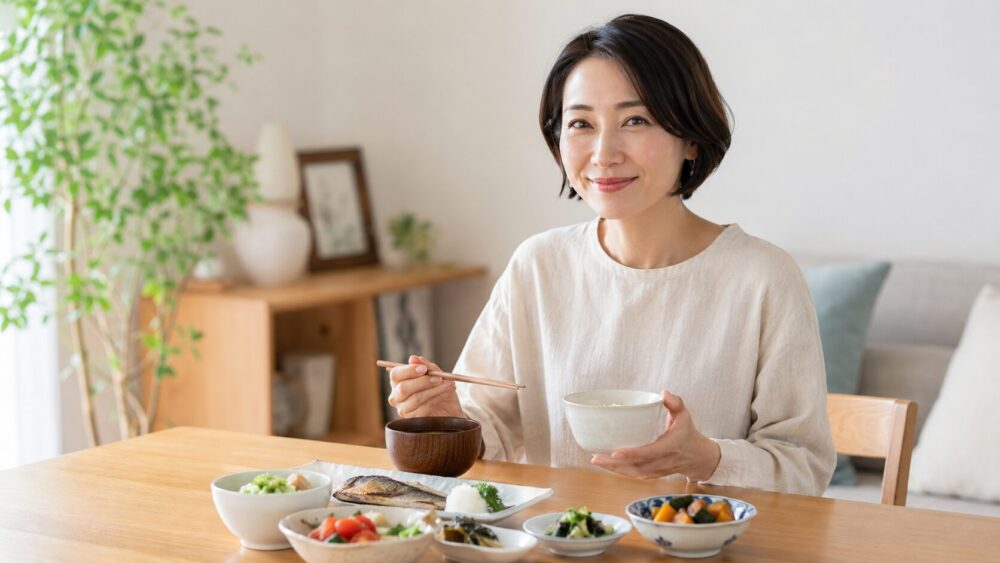 バランスのよい食事をとる日本人女性