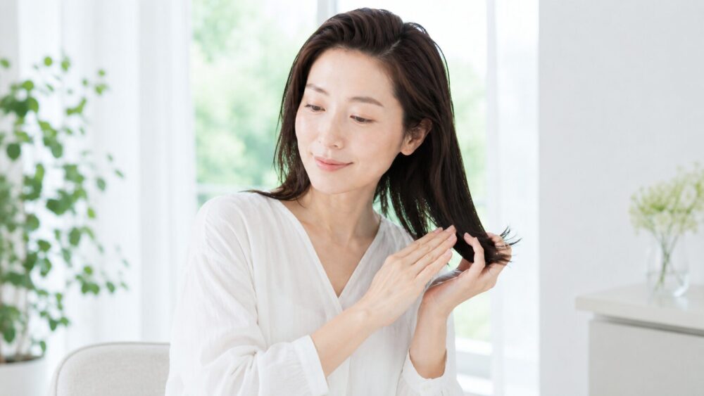 ヘアバームを髪になじませる日本人女性