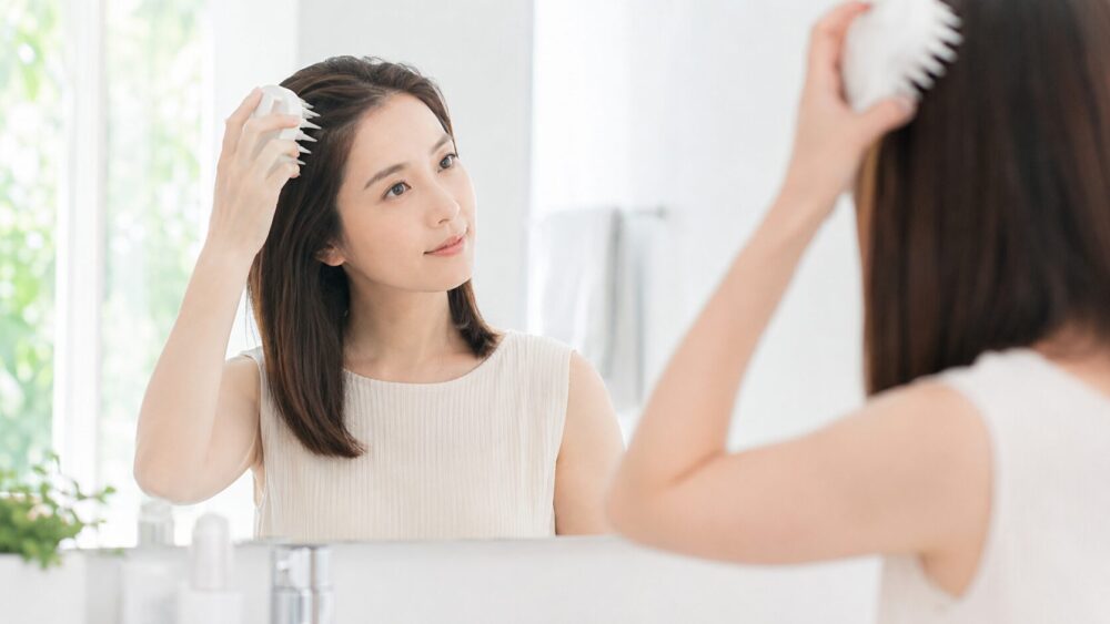 頭皮をブラッシング・マッサージする日本人女性