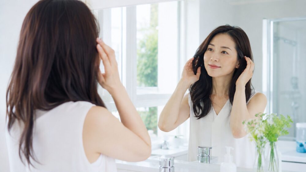 洗面台で自分の髪を整える日本人女性