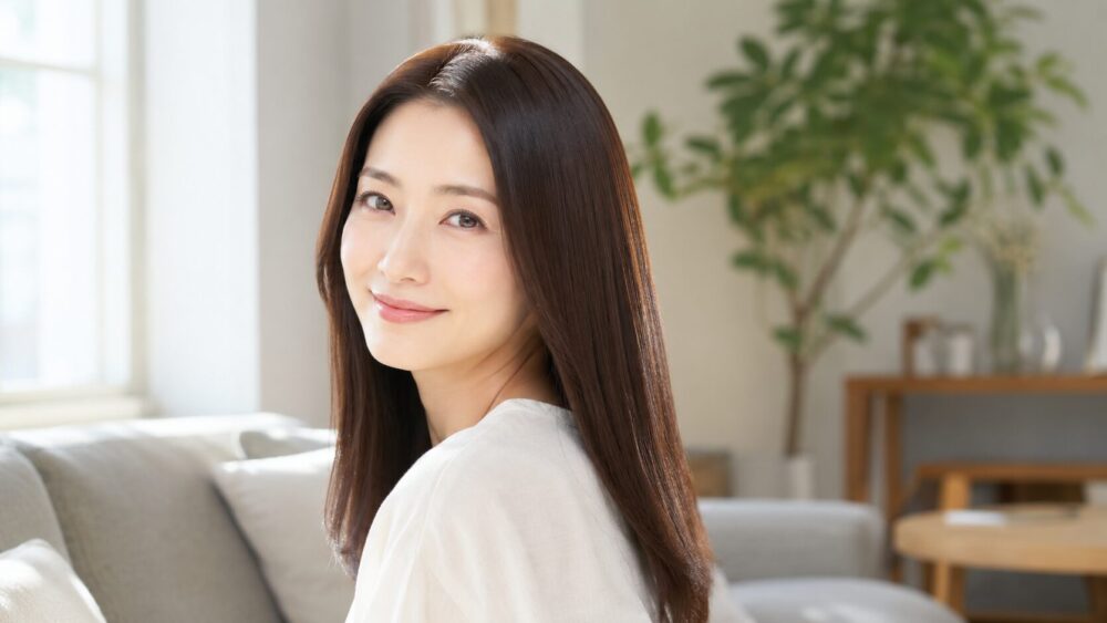 ツヤのあるまとまった髪で微笑む日本人女性