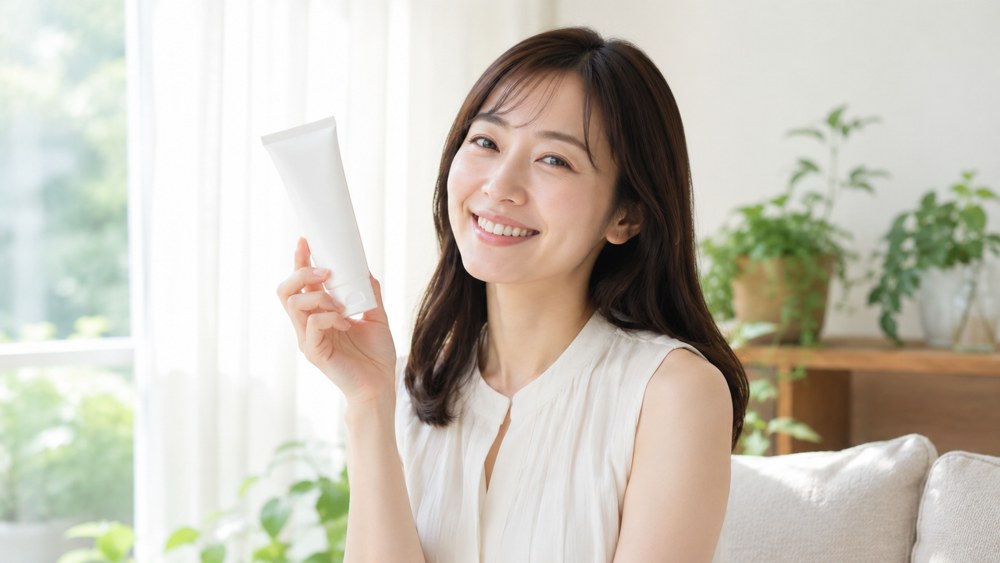 ピースピュアトリートメントを持って微笑む女性