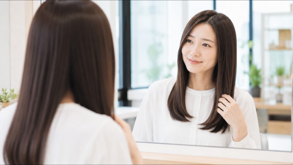 ツヤのあるストレートヘアで鏡を見て微笑む日本人女性