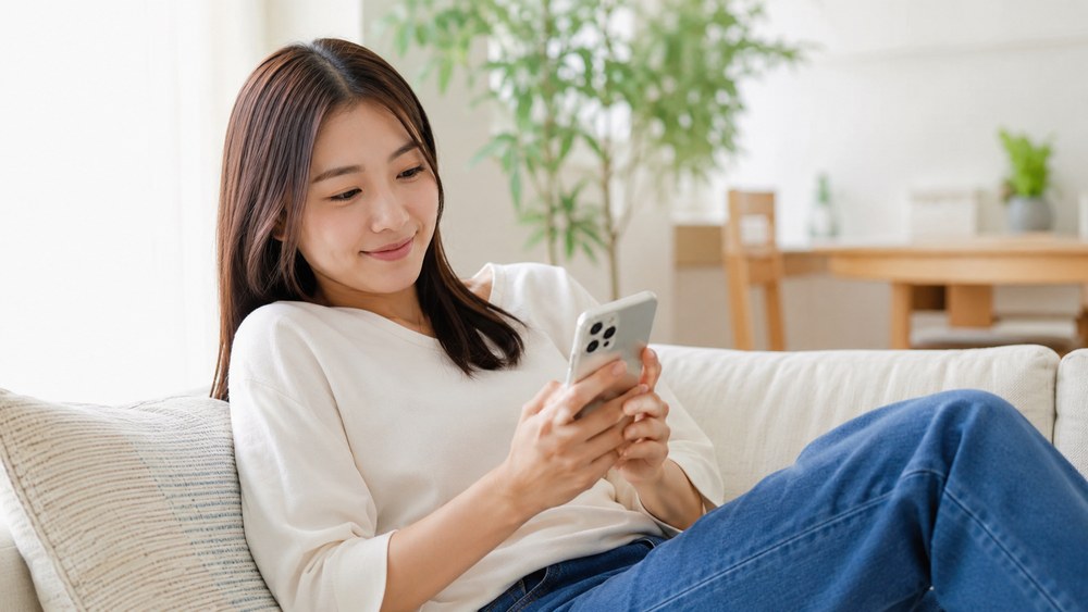 ソファでスマートフォンを見ながらくつろぐ女性