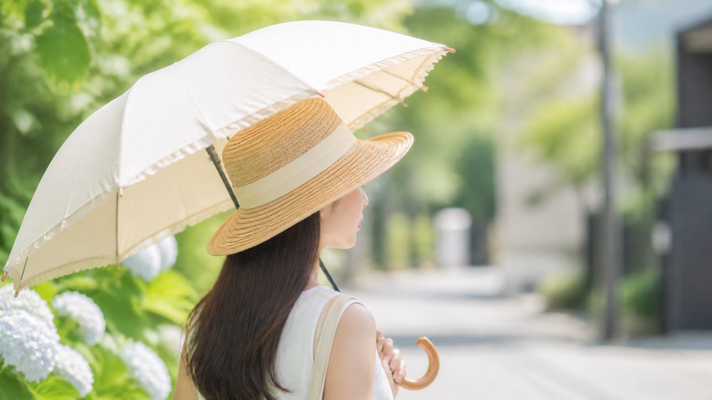 帽子と日傘で頭皮の日焼けを物理的に防ぐ女性