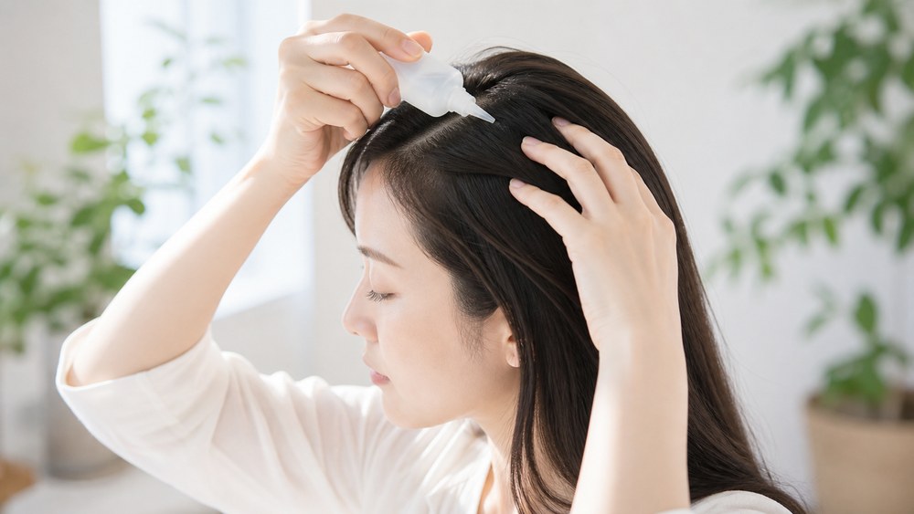 日焼けした頭皮をやさしくアフターケアする様子