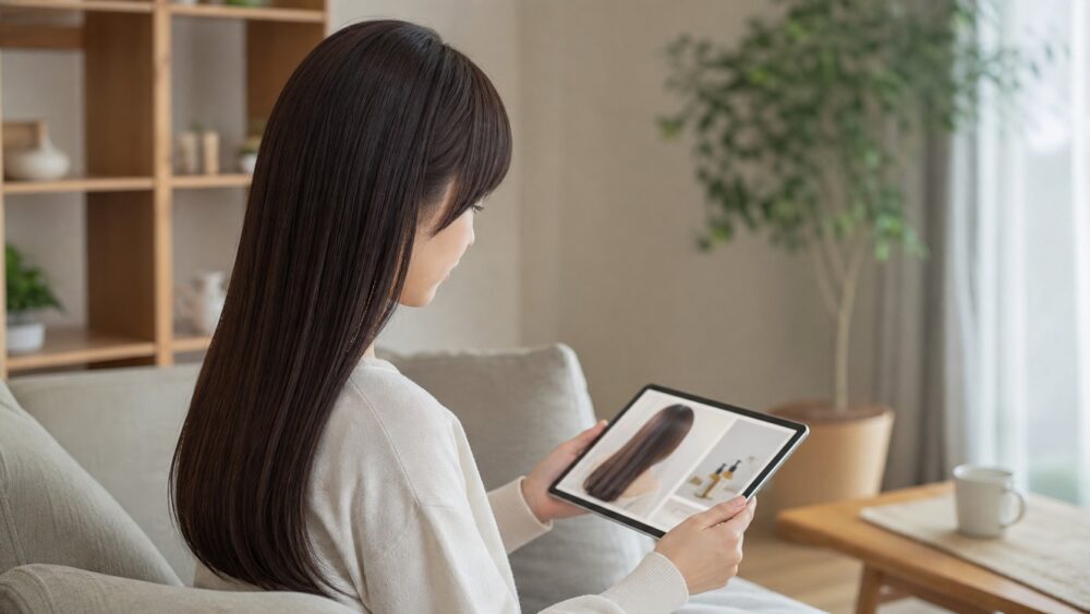 ヘアケア記事をタブレットで読む女性