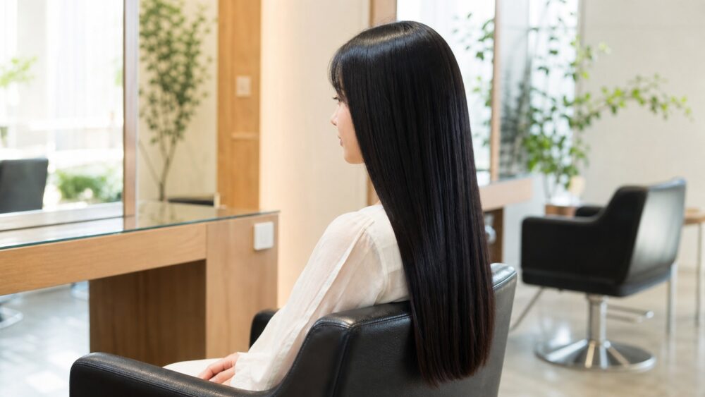 縮毛矯正後のつやのあるストレートヘアの女性