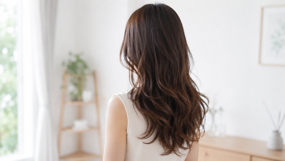 ゆるく巻いたウェーブヘアの女性の後ろ姿