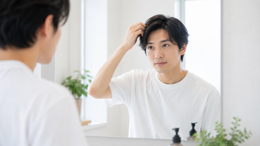 洗面所の鏡前で髪を整える男性