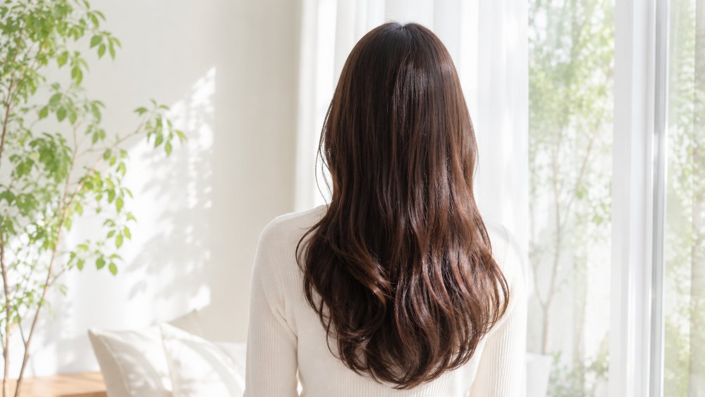 明るい窓辺でツヤのあるロングヘアをなびかせる女性の後ろ姿