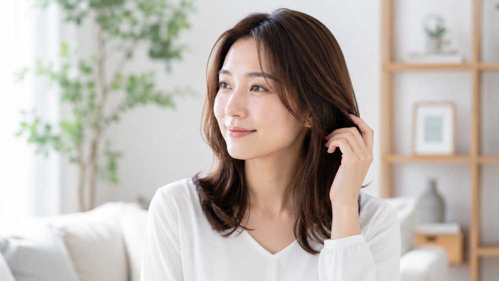 リビングでツヤのある髪に触れて微笑む女性