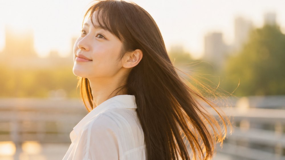 夕方でもまとまった艶髪の女性