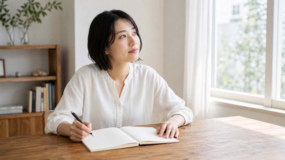 ノートに書きながら考える女性