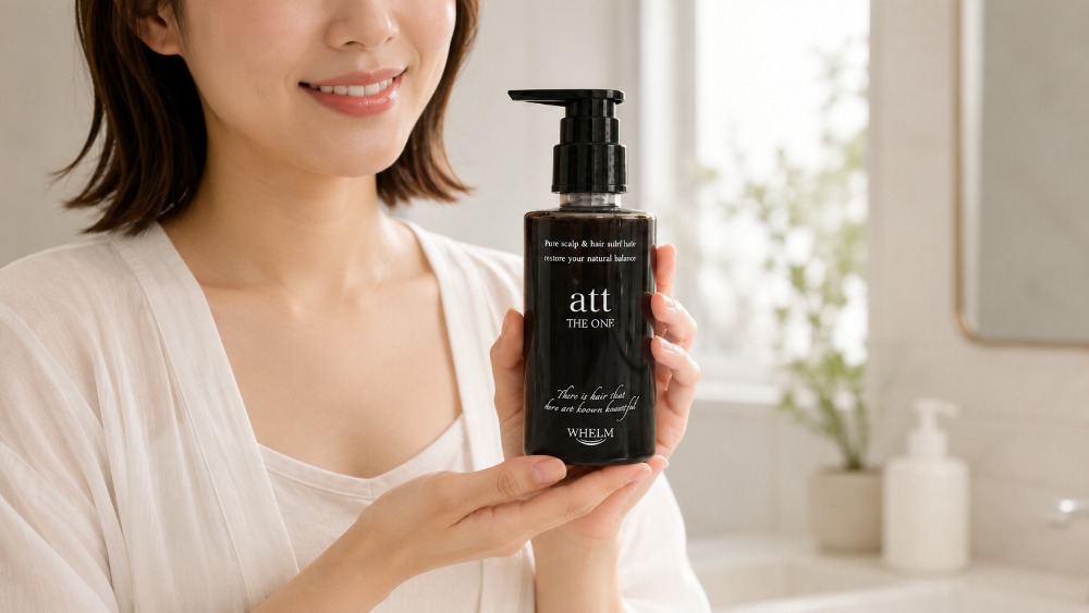 att THE ONEのボトルを手に持つ日本人女性