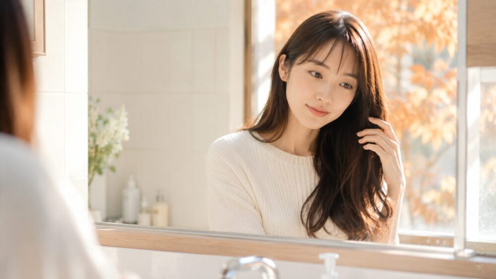 洗面台の前で髪をやさしく手ぐしする日本人女性