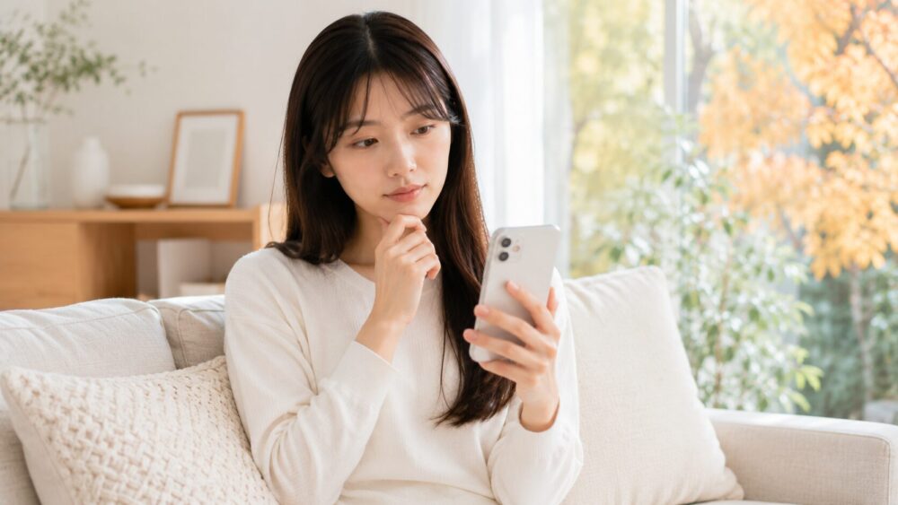 ソファでスマートフォンを見ながら髪について考える日本人女性