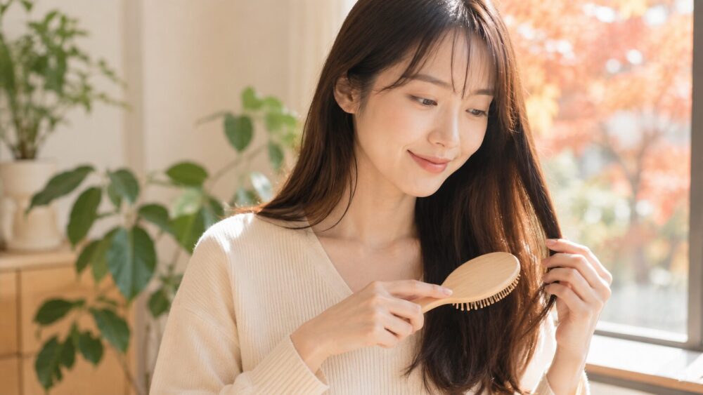 秋の窓辺で穏やかに前を向く日本人女性