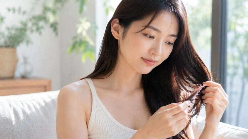 毛先を指でつまんで見る日本人女性