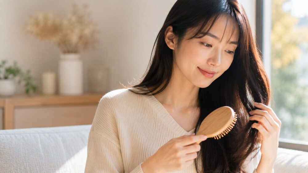 木製ブラシを手に抜け毛を穏やかに見る日本人女性