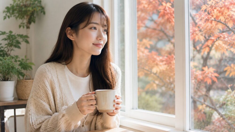 カーディガンを羽織り秋の窓辺に立つ日本人女性