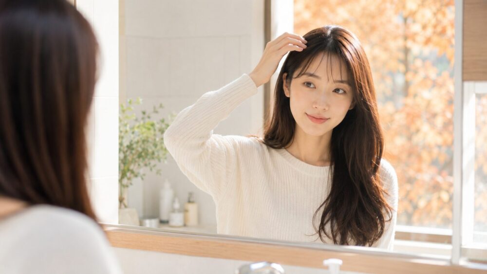 鏡の前で分け目をやさしく整える日本人女性