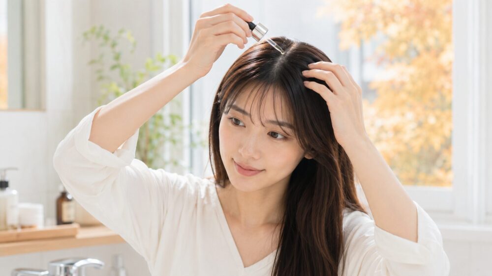 洗面所で頭皮用トニック・オイルを地肌につける日本人女性