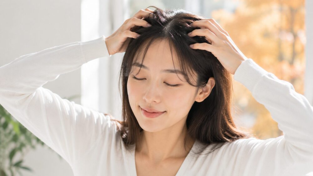 指の腹で頭皮をやさしくマッサージする日本人女性