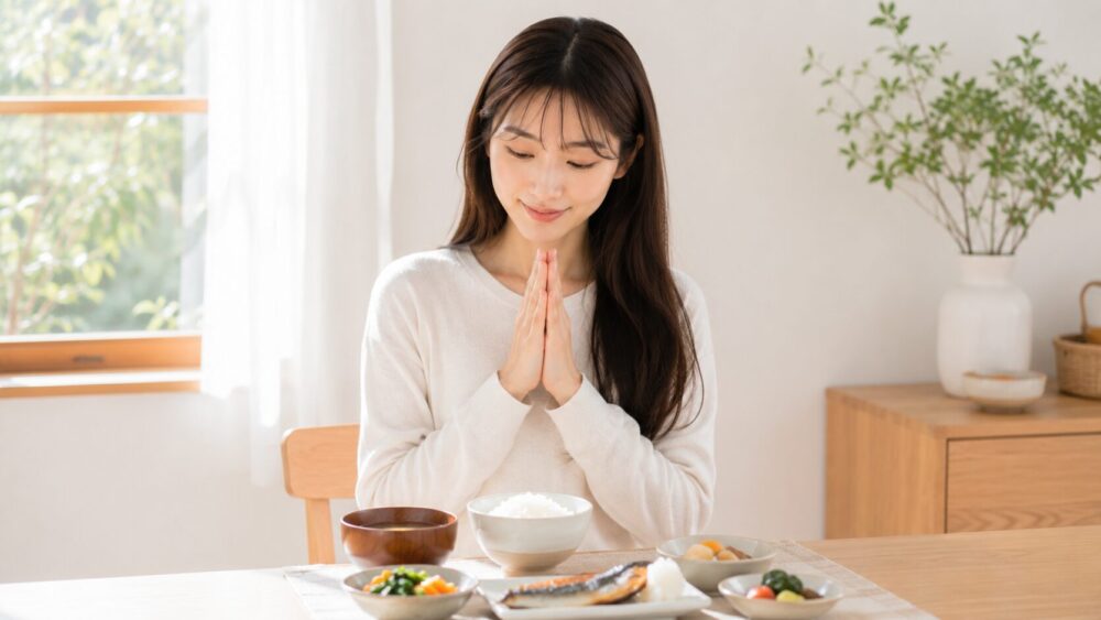 栄養バランスの良い和定食を前にする日本人女性