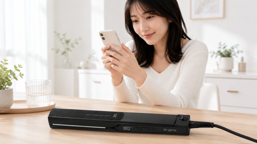 スマートフォンで口コミを調べる女性とBrighte 3Dシルクストレートアイロン