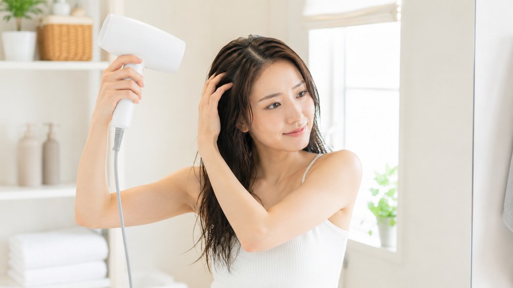 ドライヤーで髪の根元を乾かす日本人女性
