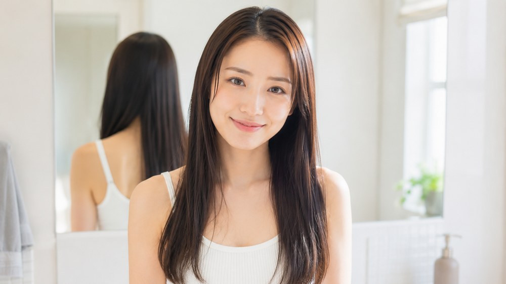 乾かし終えて艶のあるストレートヘアの日本人女性