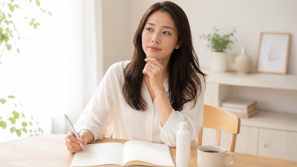 ノートを見ながらヘアケアを比較検討する女性