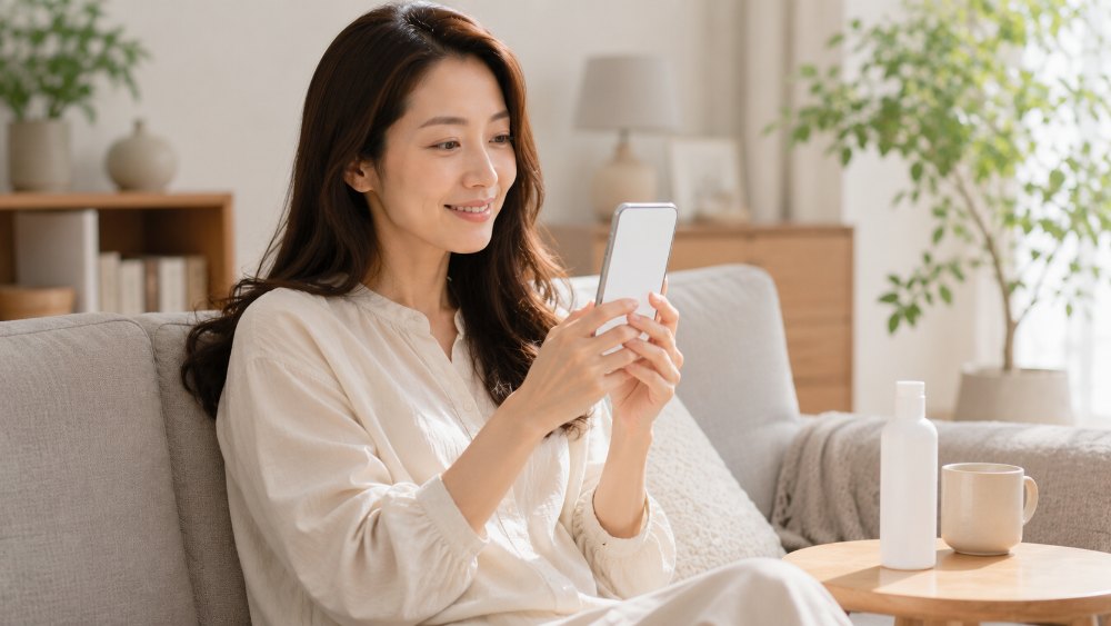 スマートフォンでヘアケア商品を購入する女性