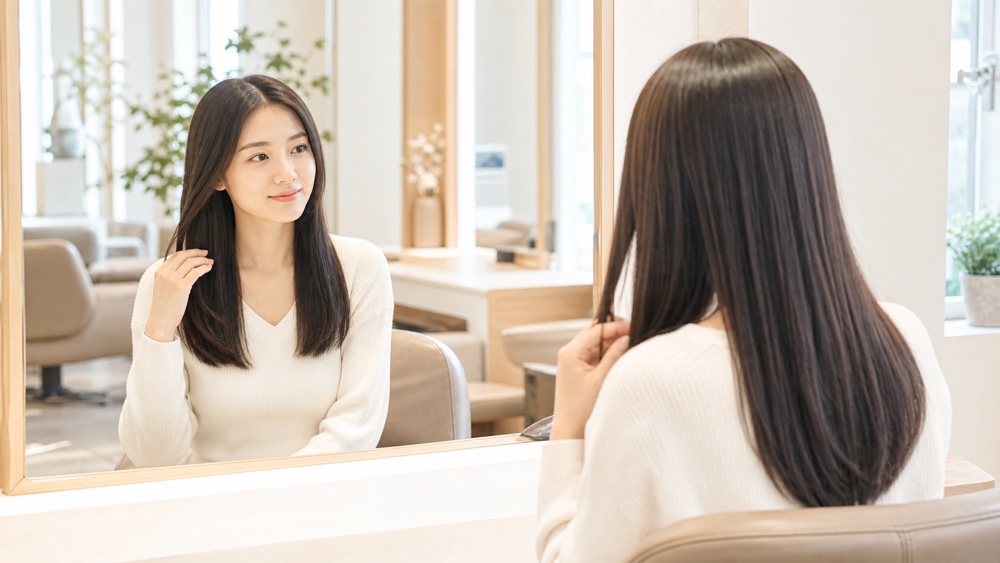 髪質改善後のツヤ髪を鏡で確認する女性