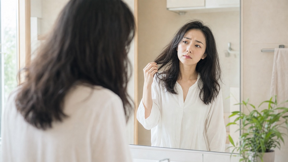 縮毛矯正後の髪の症状を鏡で確認する日本人女性
